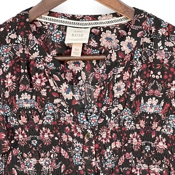 Knox Rose Sheer Blouse Women Size XS‎ Multicolor Floral Smocked Button Front - Picture 3 of 14